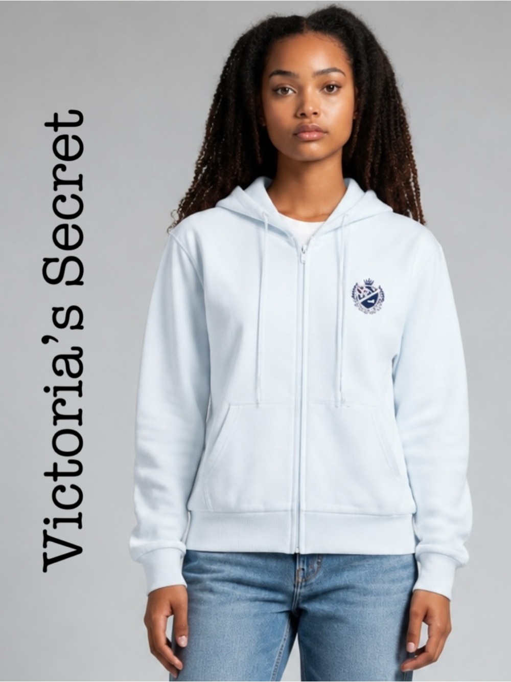 New Victoria's Secret Pale Blue Full Zip Front Hoodie with Crest Size Large
